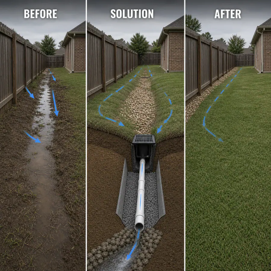 Before, solution and after diagram showing fence-line runoff stabilized and routed without redirecting water to a neighbor