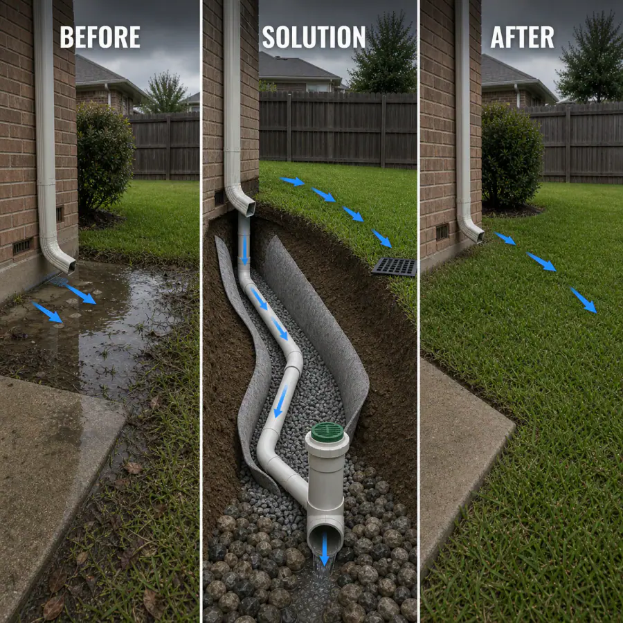 Before, solution and after diagram showing downspout control and finished grade directing water away from a foundation