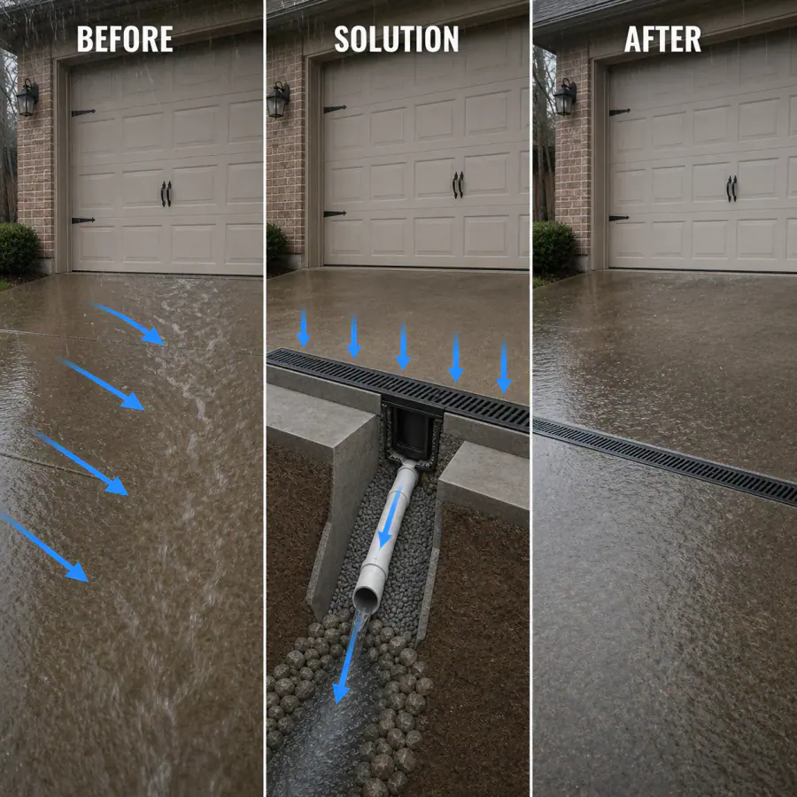 Before, solution and after diagram showing a full-width driveway channel drain intercepting water before a garage
