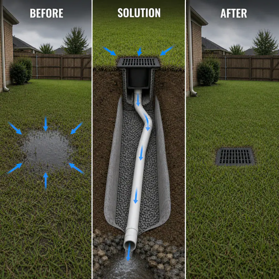 Before, solution and after diagram showing an isolated lawn low spot reshaped toward a surface basin and sloped outlet pipe