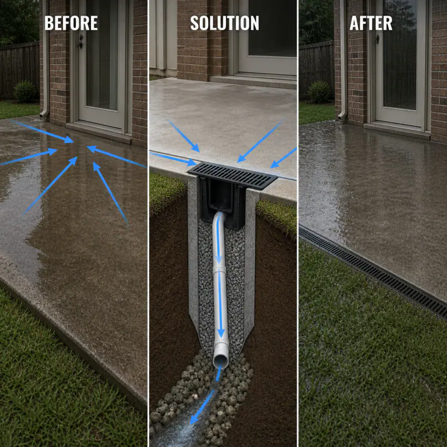 Before, solution and after diagram showing a patio channel drain intercepting water before a back door