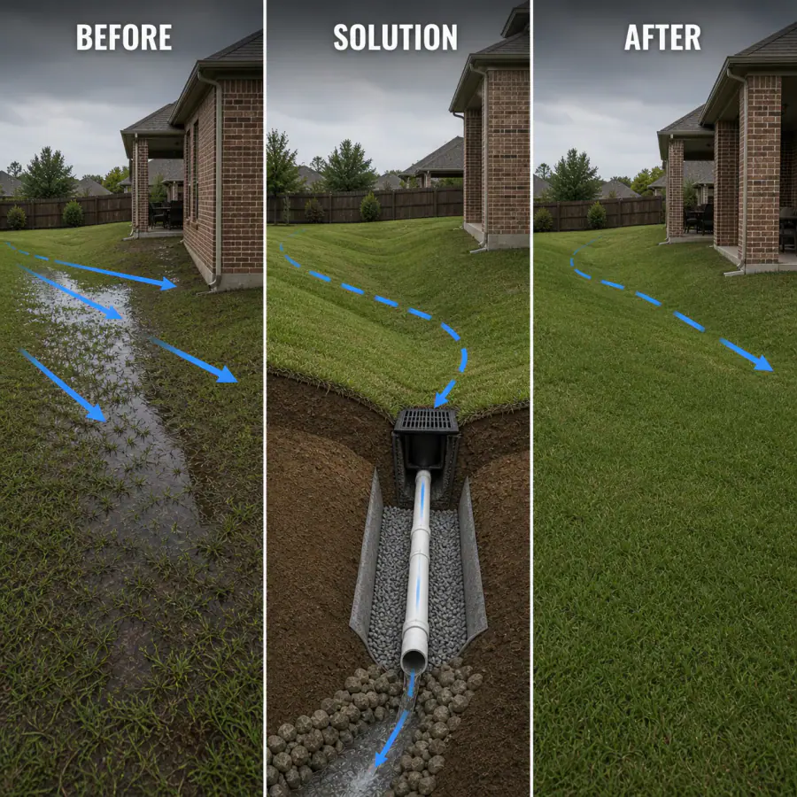 Before, solution and after diagram showing a broad swale intercepting runoff from a yard that slopes toward a house