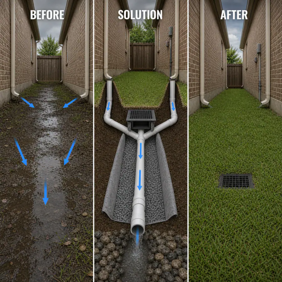 Before, solution and after diagram showing two downspouts and a side-yard low point connected to a controlled outlet route