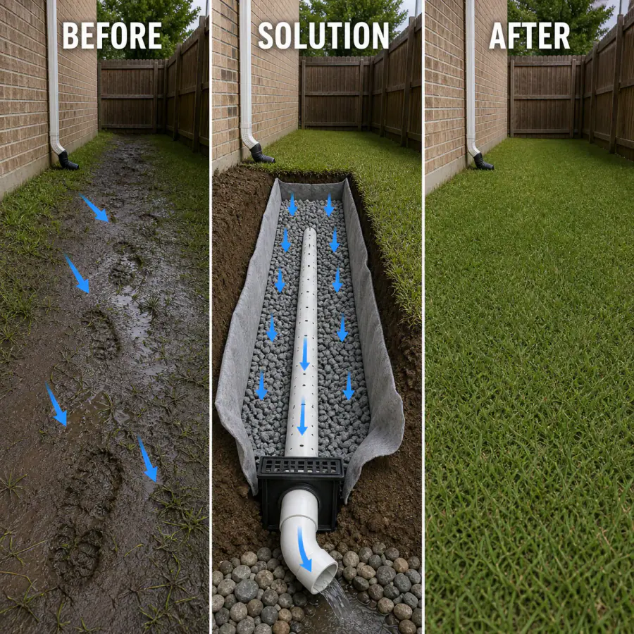 Before, solution and after diagram showing saturated side-yard soil collected by a fabric-wrapped French drain