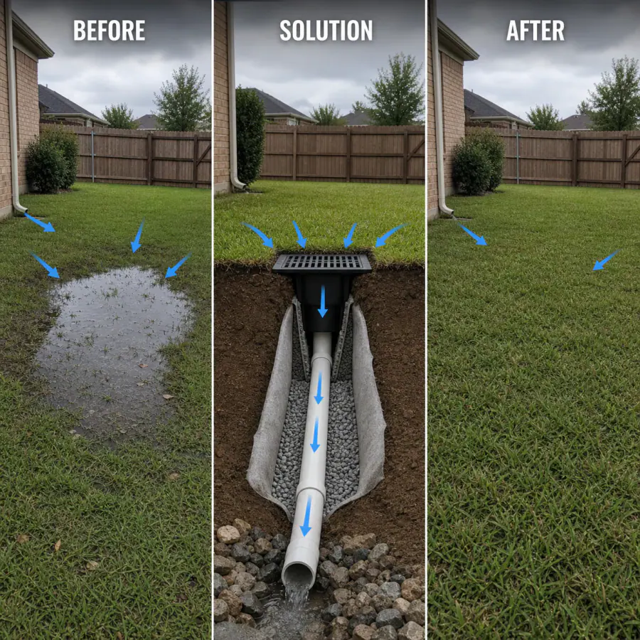 Before, solution and after diagram showing standing water collected by a low-point catch basin and solid outlet pipe