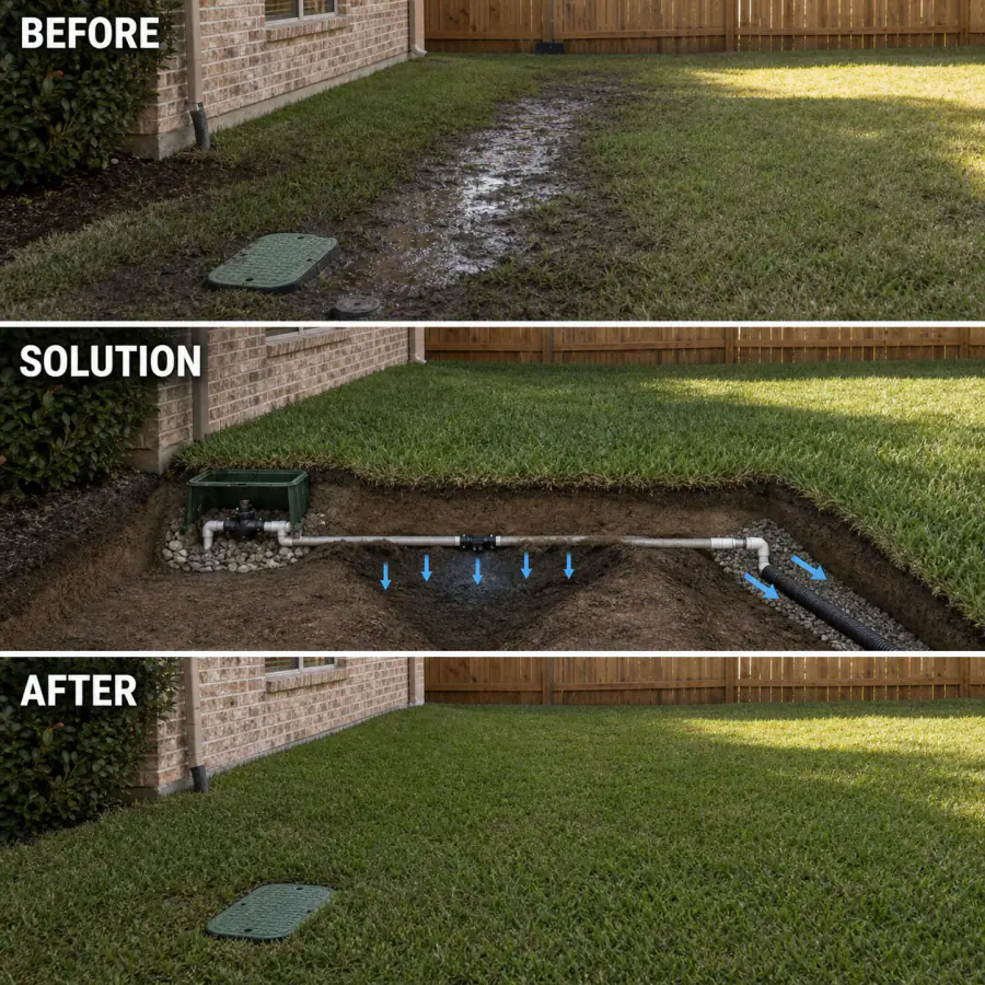 Before, solution and after diagram showing a persistent dry-weather wet area diagnosed and an irrigation leak repaired before drainage is considered
