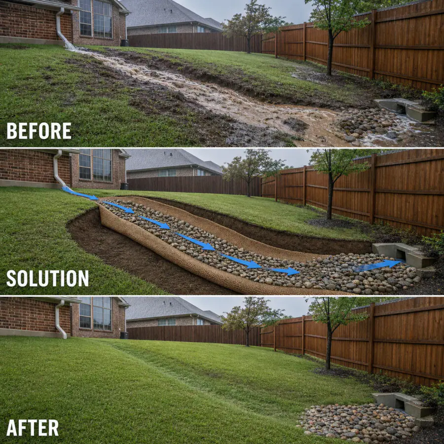 Before, solution and after diagram showing concentrated yard runoff intercepted and carried through a stabilized swale