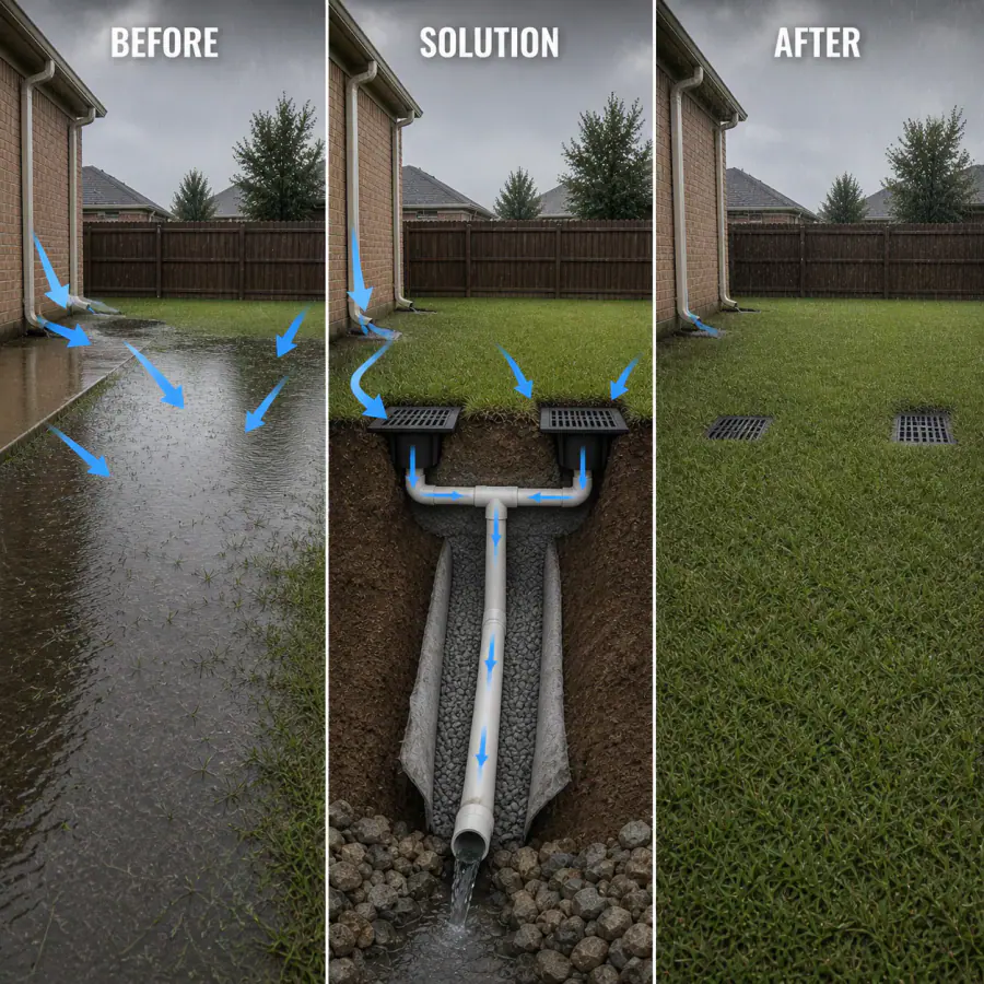 Before, solution and after diagram showing multiple roof and surface inputs collected by basins and solid drainage pipe