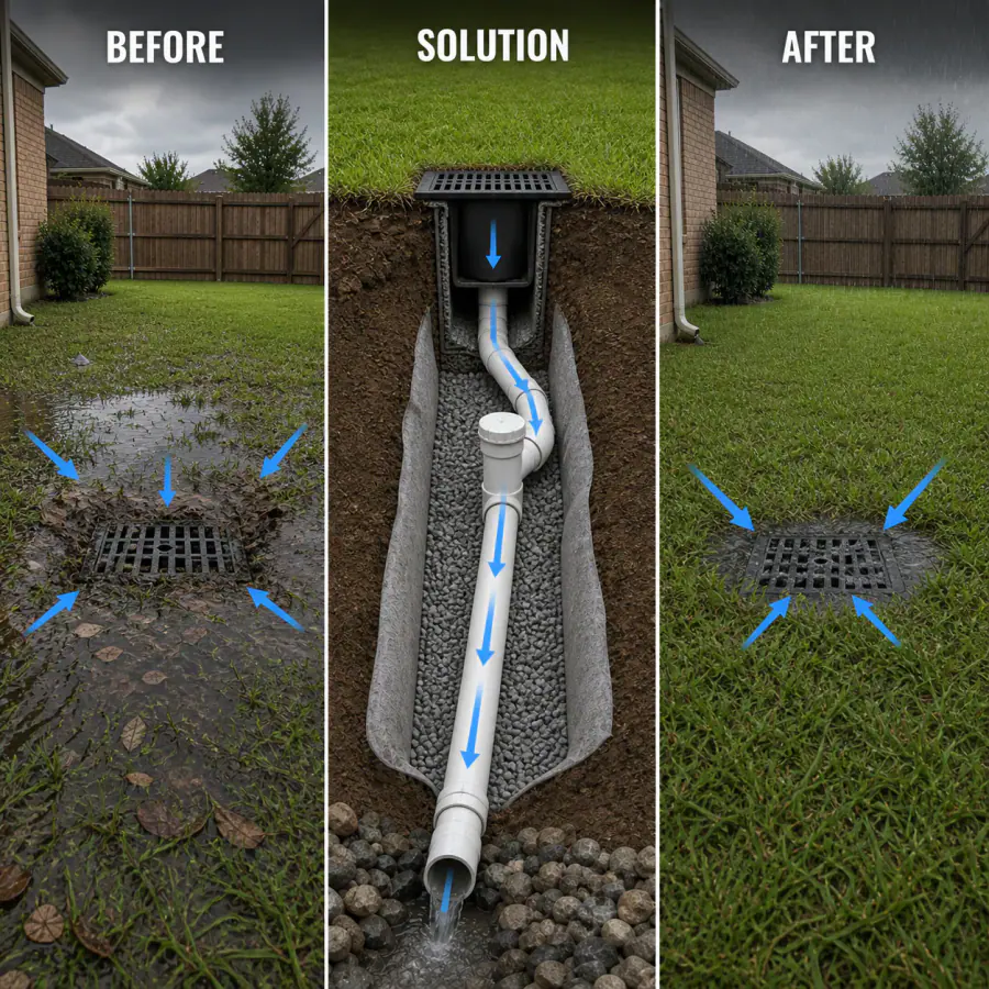 Before, solution and after diagram showing a clogged yard drain inspected, repaired and restored to a visible outlet